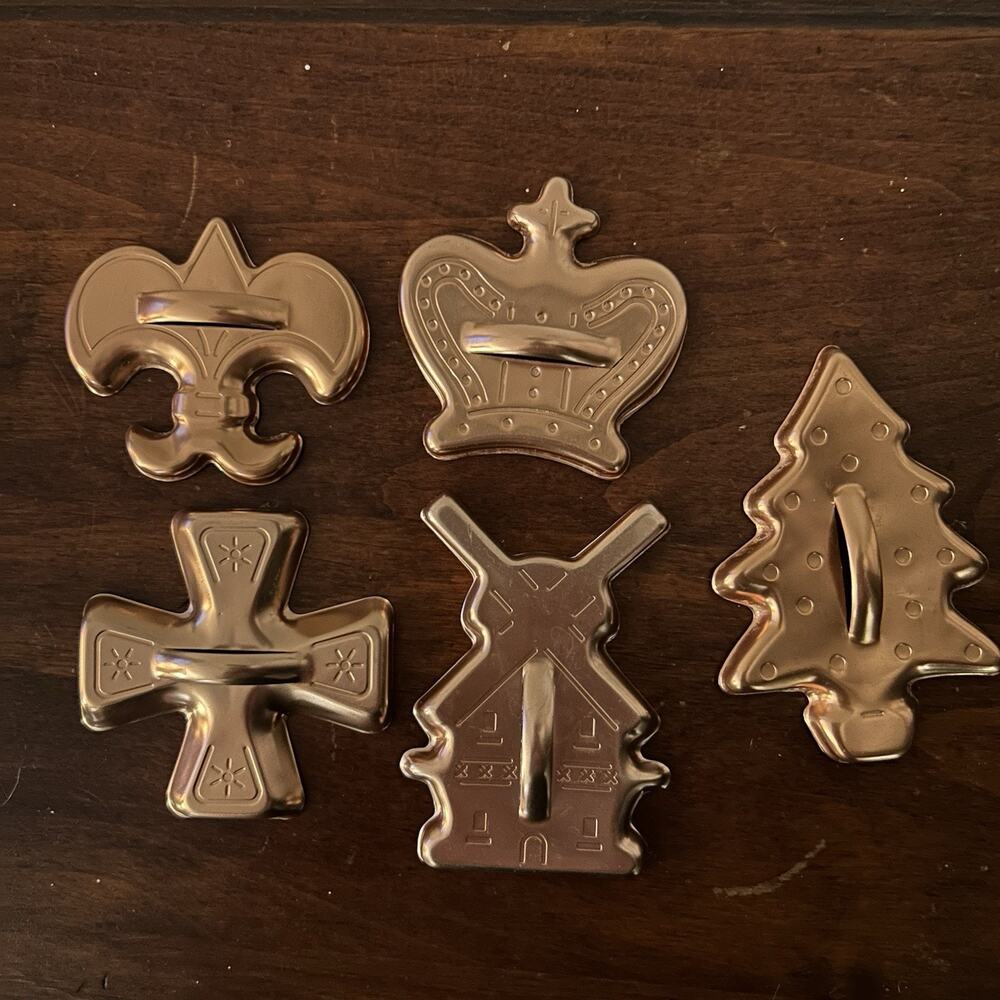 5 Vintage Copper Colored Aluminum Cookie Cutters - Crown Cross Tree Fleur 3”